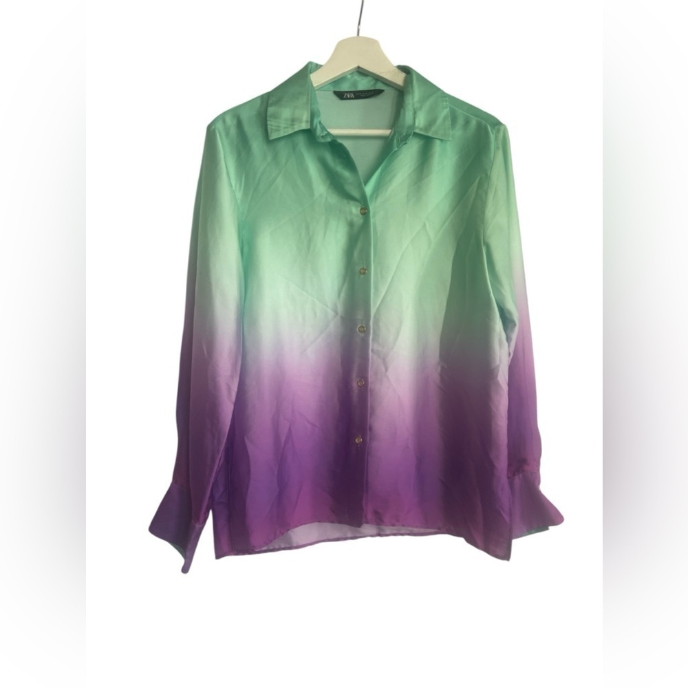 ZARA SATIN TIE-DIE PRINT Shirt Blouse turn-down collar long sleeves Size XS